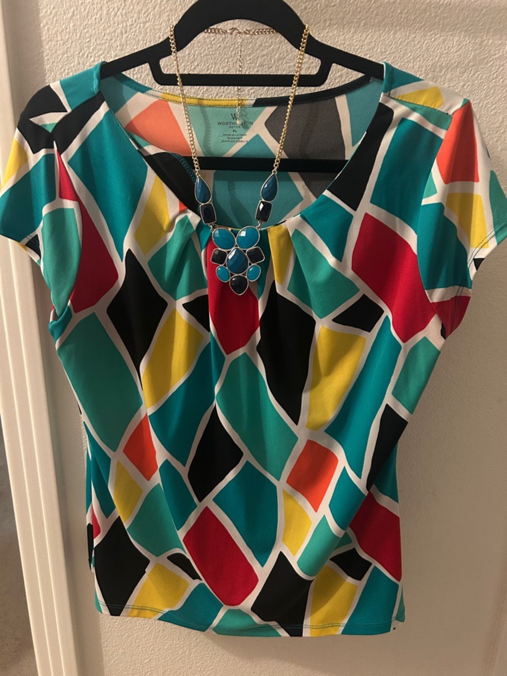 Worthington Teal Multi Geometric Short Sleeve Top